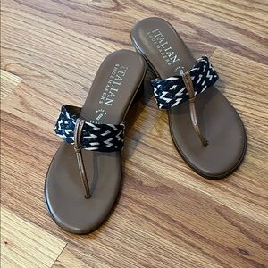 Italian Shoemakers Brown Footbed with Black & Cream Braided Strap Sandals